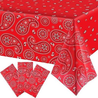 Western Party Tablecloth Paisley Table Cover Bandana Plastic Table Cloth Rectangle Floral Tablecloth for Western Cowboy Themed Party Decorations, 108 X 54 Inches (Red, 3 Pack)