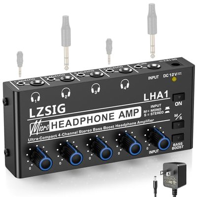 LZSIG Headphone Amplifier with Bass Boost, 1‑IN Multi‑OUT, 12V, 4 Channel