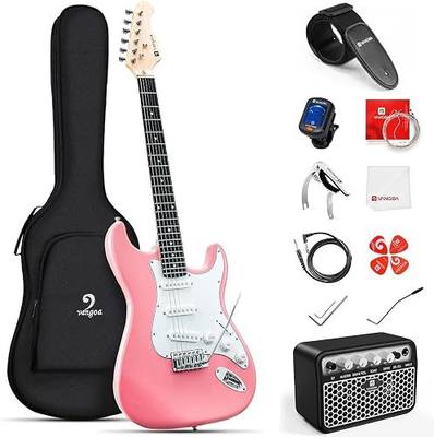 Vangoa 39 Inch Full Size Electric Guitar Beginner Kit Solid Body Pink SSS Pickups with Amp, Bag, Tremolo Bar, Strings, Tuner, Picks, Strap, Capo, Cable for Starter Girls Adults Teens