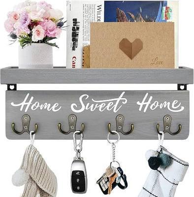 buways Key Holder Wall Mount with 4 Double Hooks-Solid Wood Wall-Mounted Organizer for Keys&Mail Rustic Key Rack Hanger Holder Home Decor for Entryway Living Room (Gray)