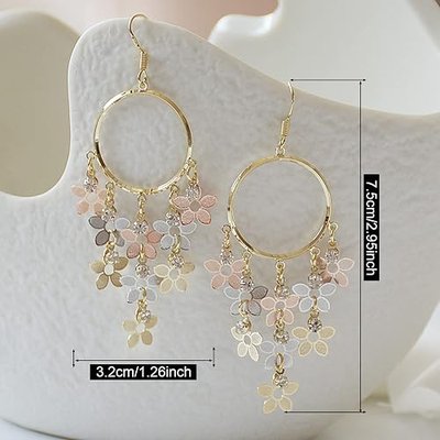 Bohemian Long Colorful Chandelier Tassel Flower Dangle Drop Hoop Earrings for Women