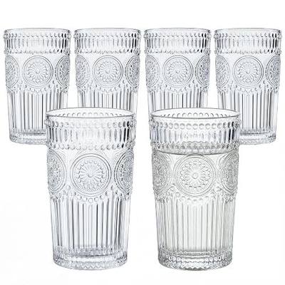 Kingrol Embossed Vintage Drinking Glasses Set of 6, 12 oz Textured Glass Tumblers, Clear Retro Water Glasses for Iced Coffee, Juice, Cocktails & Everyday Use