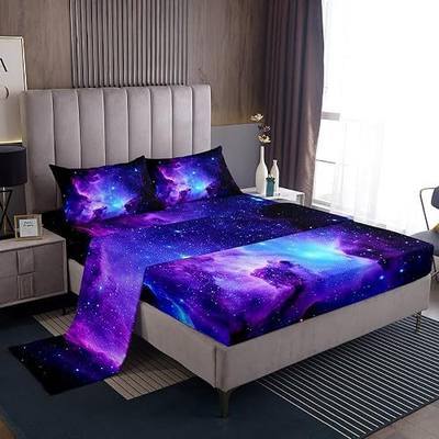 Feelyou Galaxy Bedding Set Kids Girls Full Bed Sheets Outer Space Universe Starry Sky Sheet Set Teens Women Ultra Soft Purple Stars Decor Deep Pocket Fitted Sheet+ Flat Sheet + Pillow Case