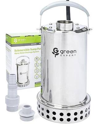 Green Expert 1HP Submersible Sump Pump, 4000GPH Full 304 Stainless Steel Manual Utility Pump with Adapter Kit, Oil-Free Top Discharge Water Removal for Basements, Pools, Hot Tubs & Drainage Pits