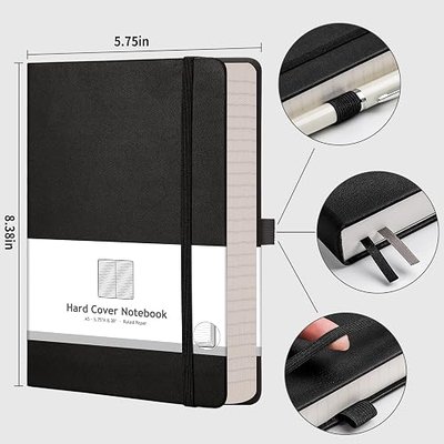 AHGXG Lined Journal Notebook, 320 Numbered Pages, A5 (5.75'' X 8.38'') | Thick Lined Notebook for Note Taking, 100GSM Paper, Leather Hardcover, for Women Men (Black)