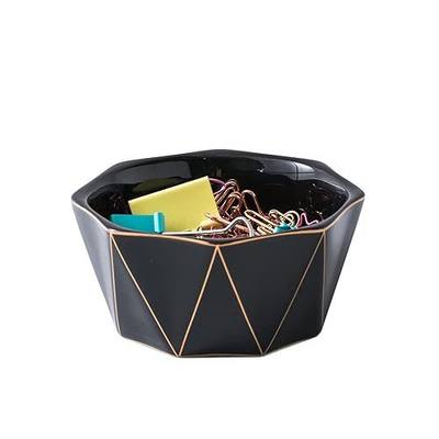 Paper Clip Holder With Gold Line Geometric Ceramic Paper Clip Dispenser for Desk Cute Paper Clip Organizer Office Binder Clip Holder (Black)