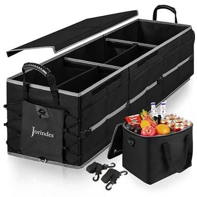 Collapsible Trunk Organizer and Storage for Car with Leak proof Cooler Bag | 3 Compartments Cargo Organizer for SUV Removable Dividers, 5 in1 Car Storage Organizer with Foldable Lid, 2 Tie-Down Straps