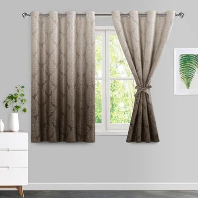 JIUZHEN Brown Ombre Blackout Curtains for Bedroom– Damask Patterned Thermal Insulated Noise Reducing Grommet Curtains with Tiebacks, 52 x 54 Inches, Set of 2 Window Curtain Panels