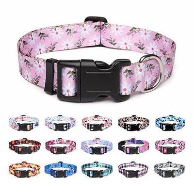 Adjustable Dog Collar with Patterns, Ultra Comfy Soft Nylon Breathable Pet Collar for Small Medium Large Dogs (L, Pink White Flower)