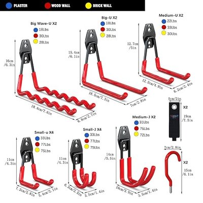3-H Heavy Duty Garage Wall Hooks 20 Pack, Anti-Slip PVC Coating Wall Mount Garage Storage Utility Hooks, Heavy Load Organizer for Ladders, Yard Tools, Shovel, Weed Eater, Hoses & Bulk Items,Red | Multi-Purpose Garage Hooks to Organize Garden Lawn Tools, Sports Gear, Ladders, Power Tools & Outdoor Ho