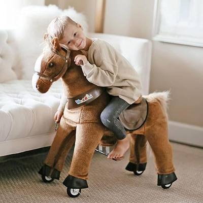 WondeRides Rideable Horse for Kids, Brown Ride On Pony, Ages 4-9 | 36 Inch Height, Plush Horse, Giddy Up Ride On, Battery-Free, Smooth-Rolling Wheels, Steel Frame, Non-Slip Pedals