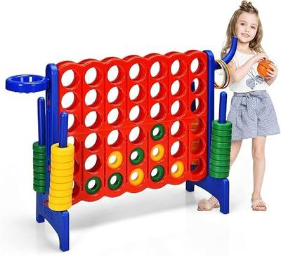 COSTWAY Jumbo 4-to-Score Giant Game Set for Kids & Adults, 2.5Ft Indoor Outdoor Game with Basketball Hoop, Ring Game, 42 Jumbo Rings, Quick-Release Slider, Perfect for Birth & Holiday Party