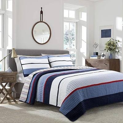 Cozy Line Home Fashions Navy Blue Red Striped Boy 100% Cotton Reversible Quilt Bedding Set, Coverlet, Bedspread (Harlan, Queen - 3 Piece)