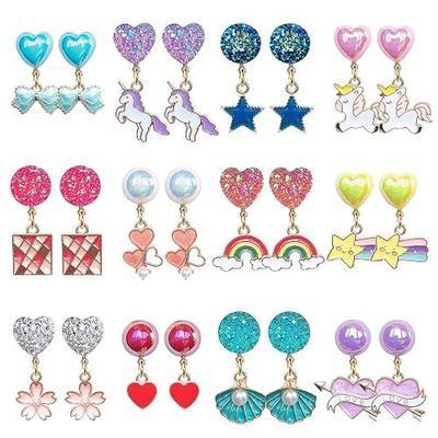12 Pairs Clip On Earrings Girl Party Favor Princess Clip on Earrings Pretend Play Unicorn Earrings for Little Girl Kids Toddlers Jewelry Set