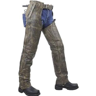 Men's Riding Distressed Brown Butter Soft Leather Motorcycle Chaps W/Zip-out Liner