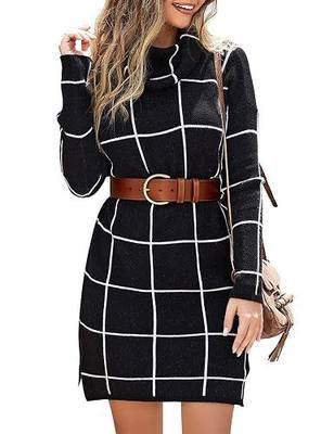Womens Sweater Dresses Winter Turtleneck Long Knitted Grid Pullover