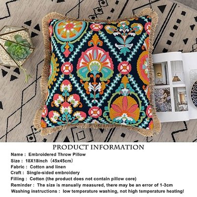 Yurico Cotton Linen Pillow Covers Vintage Boho Embroidered Case 18x18 | Home accent, living room sofa decor, bedroom styling, farmhouse lovers, soft breathable fabric, hidden zipper, gift choice
