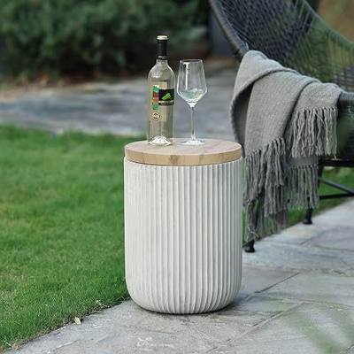 LuxenHome 18" Cement Outdoor Side Table with Storage and Wood-Look Lid | For Indoor Outdoor Use; Ideal as a Patio Side Table, Garden Stool, Plant Stand, Drum Table, or Outdoor Accent Table