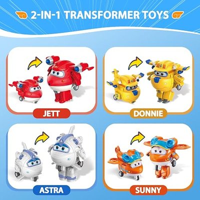 Super Wings 2" Transform-a-Bots 4-Pack, Supercharged Jett, Donnie, Astra, Sunny, Airplane Toys Vehicle Mini Figures, Fun Toys for Kids, Transformable Toy for 3 4 5 Year Old Boys and Girls