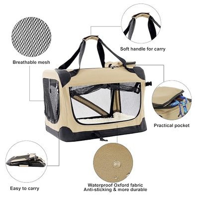 Travel Crates for Medium Dogs, Collapsible Crate for Dog in Car, 3 Door Soft Folding Dog Crate, Portable Pet Carrier with Strong Steel Frame, Ivory M