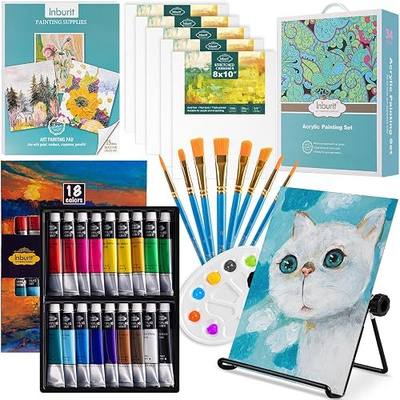 Inburit Acrylic Paint Set for Kids & Adults, Art Supplies Kit with Canvas | Complete Art Painting Supplies Kit for Beginners, 18 Colors Paint, 8 Art Brushes, 15 Acrylic Paper Pad, Easel