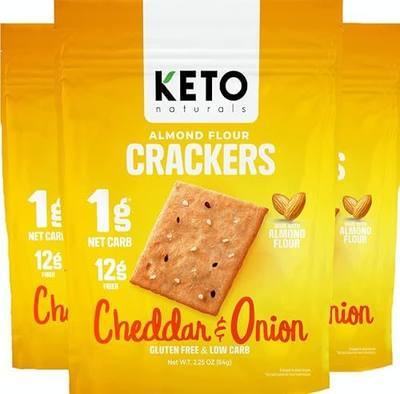 Keto Crackers low carb crackers (Cheddar and Onion) Keto friendly snack crackers almost zero carb no sugar (3 Pack) almond flour healthy snack absolutely gluten free crackers paleo snack friendly