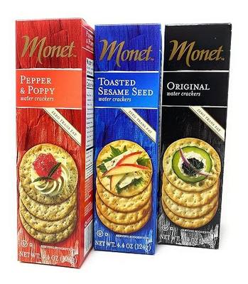 Monet Cracker Variety Bundle | Water Crackers | Toasted Sesame Seeds | Pepper & Poppy Original - Zero Trans Fat Thins Snack Cracker with Kokobunch Kit | 3 Pk - 4.4 oz