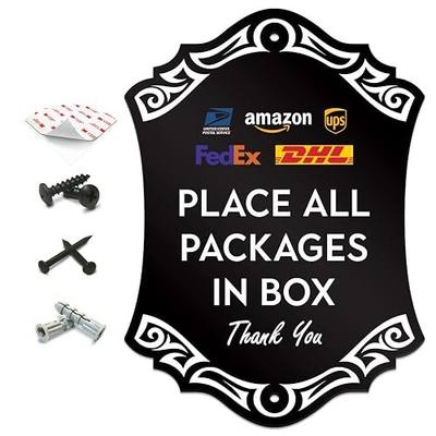 Delivery Instruction Door Sign - Place All Packages In Box - Color Logos, House Sign, 6.25” X 4.5” - Mounting Hardware Included, Easy Installation - Heavy-Duty and Weather-Resistant