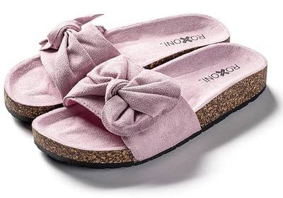 Roxoni Women Comfort Sandals Ribbon Bow Top EVA Flat Slides Footbed Suede with Arch Support Non-Slip