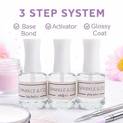 Sparkle & Co. Dip Powder Liquid Set Base Coat, Activator & Top Coat | No UV Needed | Long-Lasting Nail Dip System | 3 Step System