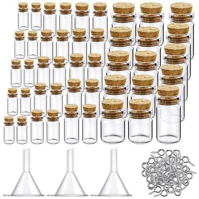 Sherli 45 Pcs Small Mini Glass Bottles with Cork Stoppers Small Glass Jars with Lids Tiny Spell Jars with 50 Eye Screws and 3 Funnels for DIY Art Craft(0.5ml, 1ml, 3ml, 5ml, 10ml)