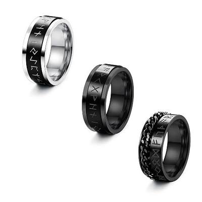 Florideco 3-4Pcs Norse Viking Spinner Runes Ring for Men Women Stainless Steel Rotatable Band Rings Set Cuban Link Rotating Spinner Rings Personalized Engrave Mens Rings Black Silver Size 7-14