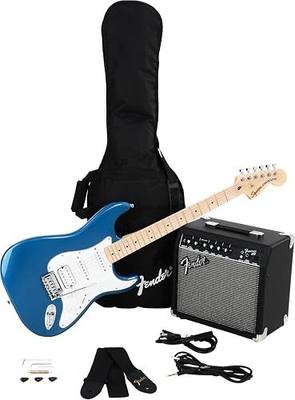 Fender Squier Affinity Series Stratocaster Electric Guitar Kit, with 2-Year Warranty, Lake Placid Blue, Maple Fingerboard with Frontman 15G Amplifier, Padded Gig Bag, Instrument Cable, and More | Squier Affinity Hss Guitar with Fender Frontman 15g Amp, Padded Gig Bag, Strap, Cable and Picks