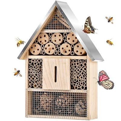 Wooden Mason Insect Bee Butterfly House,Insect Hotel,an Outdoor Hanging Bamboo Habitat for Bee Butterfly Ladybugs Live,Bee Box,Butterfly Habitat for Garden,9 x 15.7 x 2.5 Inch