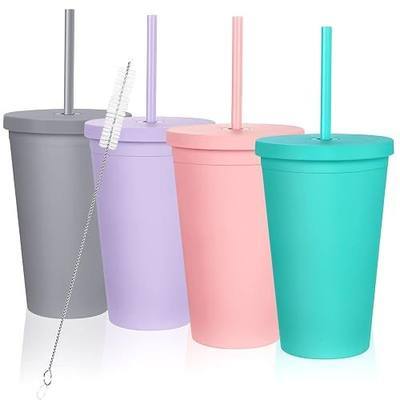 FULBEVY 16oz Plastic Tumbler with Lid and Straw & Extra Straw Cleaner- 4 Pack Double Wall Matte Finish & BPA Free Acrylic Tumblers for Home, Sports & Office - Reusable with Snug Fit Lid