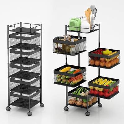 Fruit and Vegetable Basket for Kitchen No Assembly, Rotating Storage Rack,Bathroom Storage Shelf, Kitchen Organizers and Storage Cart on Rolling Wheels(Black, 5 Tier-Square)
