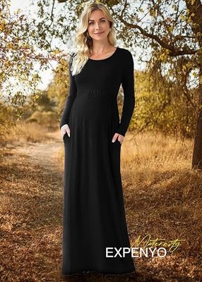 Xpenyo Maternity Casual Dress Empire Waist Pregnancy Maxi Dresses with Pockets