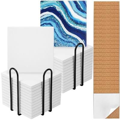24 Pack 4 in Unglazed Ceramic Tiles with Cork Backing and Holder for Crafts | Unfinished Square White Blank Ceramic Coasters for Acrylic Pouring, Painting, Make Your Own DIY Coasters, Art Crafts