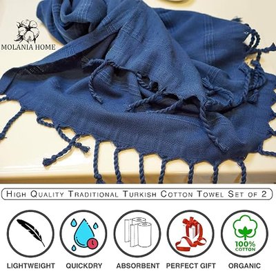 Turkish Hand Towel Set of 2 (16x40) | 100% Organic Cotton Turkish Towels for Bathroom | Decorative Kitchen Hand Towels | Usage for Face, Hair, Gym, Yoga, Tea, Kitchen and Bath - Navy Blue
