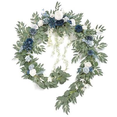 Ling's Moment 9FT Flower Garland, Wedding Arch Flowers, Dusty Blue | Eucalyptus & Rose, Artificial Floral, Ceremony Reception Backdrop Decoration, Mantle & Sweetheart Head Table Decor