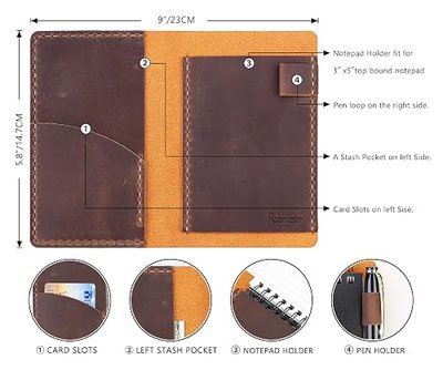 Robrasim Top Bound 3"x5" Memo Notebook Covers, Genuine Leather Cover for 3x5 Top-Spiral Notebook, Memo Book Cover Note Pad Holder Cover Only, Brown