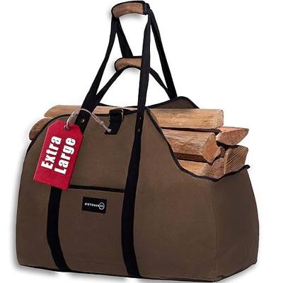 Firewood Bag Carrier - Extra Large Wood Bag for Firewood-Water Resistant Carrying Bag with Padded Handles & A Handy Side Pocket-24 L x19 H x12-Waxed Canvas Log Tote for Home or Camping