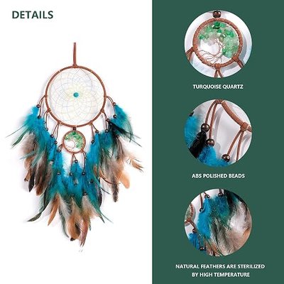 VIBILIA Dream Catchers Tree of Life Blue Feathers, Handmade Native American Dreamcatcher with Crystals for Kids Bedroom Wall Hanging Home Decor Holiday Ornaments Birthday Party Blessing Gift