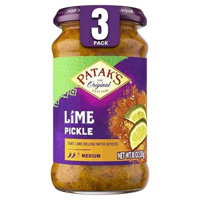 Patak’s Medium Lime Pickle - Authentic Indian Relish w/Lime Dices, Mustard Seeds & Aromatic Spices - Perfect for Sandwiches, Curries & Cold Meats - Indian Pickle - 10oz Jar (Pack of 3)