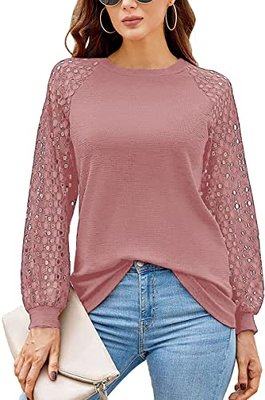 Women's Lace Long Sleeve Tops Casual Loose Fit Crewneck T Shirts Blouses