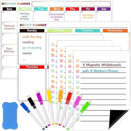 6 Pieces Dry Erase to-Do-List Calendar Kit, Whiteboard Sticky Notes Monthly Weekly and to-Do Lists Fridge Calendar, with 8 Markers and 1 Eraser for Kitchen Refrigerator Planner Office Home
