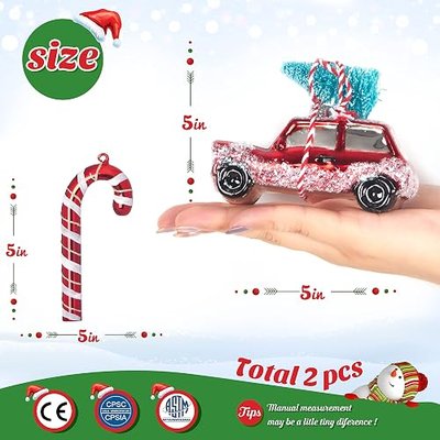 Christmas Glass Car Crutch Pendant Series Xmas Tree Indoor Ornaments Perfect Home Festival Party Hanging Decorations, Set of 2, Red