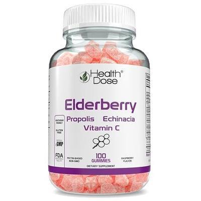 Health Dose Elderberry Gummies with Propolis, Echinacea & Vitamin C - Immune System Support for Adults - 100 Gummies - Antioxidant-Rich Supplement for Wellness