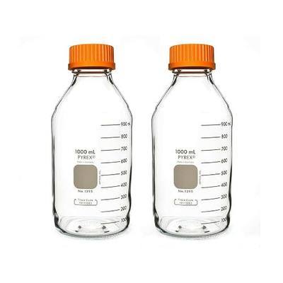 Pyrex Round Media Storage Bottle with GL45 Screw Cap - Borosilicate Glass Bottles with Caps - Premium Scientific Glassware for Labs, Classrooms or Home Use Glass Container 1L, 2/Pk