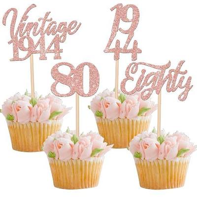 24PCS 80th Birthday Cupcake Toppers Glitter Vintage 1944 Cupcake Picks Eighty Cheers to 80 Fabulous Cake Decorations for Happy 80th Birthday Anniversary Party Decoration Supplies Rose Gold